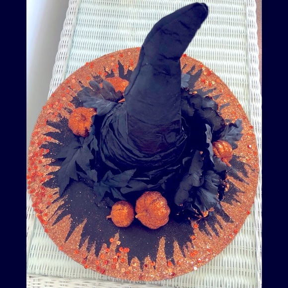 1 of Pumpkin patch witch hat Orange sparkles top & under brim black leaves 18"h - Picture 3 of 16